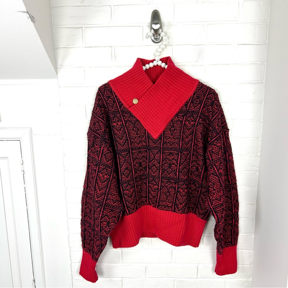 Vintage Esprit Sport Red Patterned Chunky Thick Wool Knit Sweater Size L